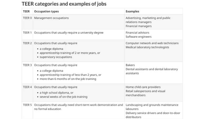 دسته بندی TEER و نمونه هایی از مشاغل