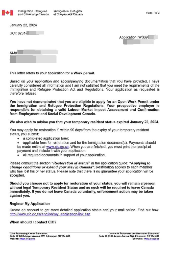 Canada work permit refusal letter