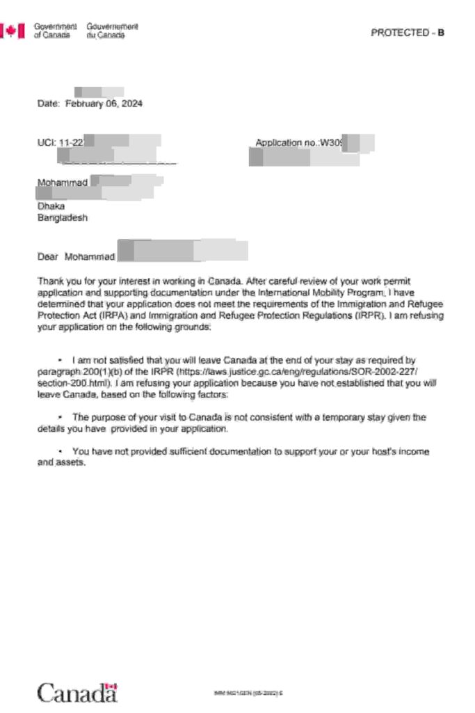 Canada visa refusal letter