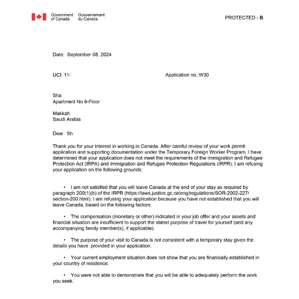 Canada Work Permit Refusal Letter