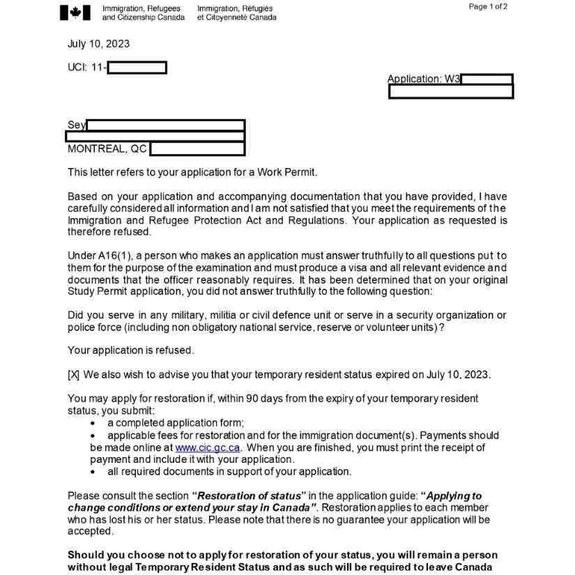 Work permit Refusal Letter Sample