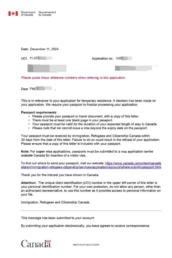 IRCC Visitor visa approval letter