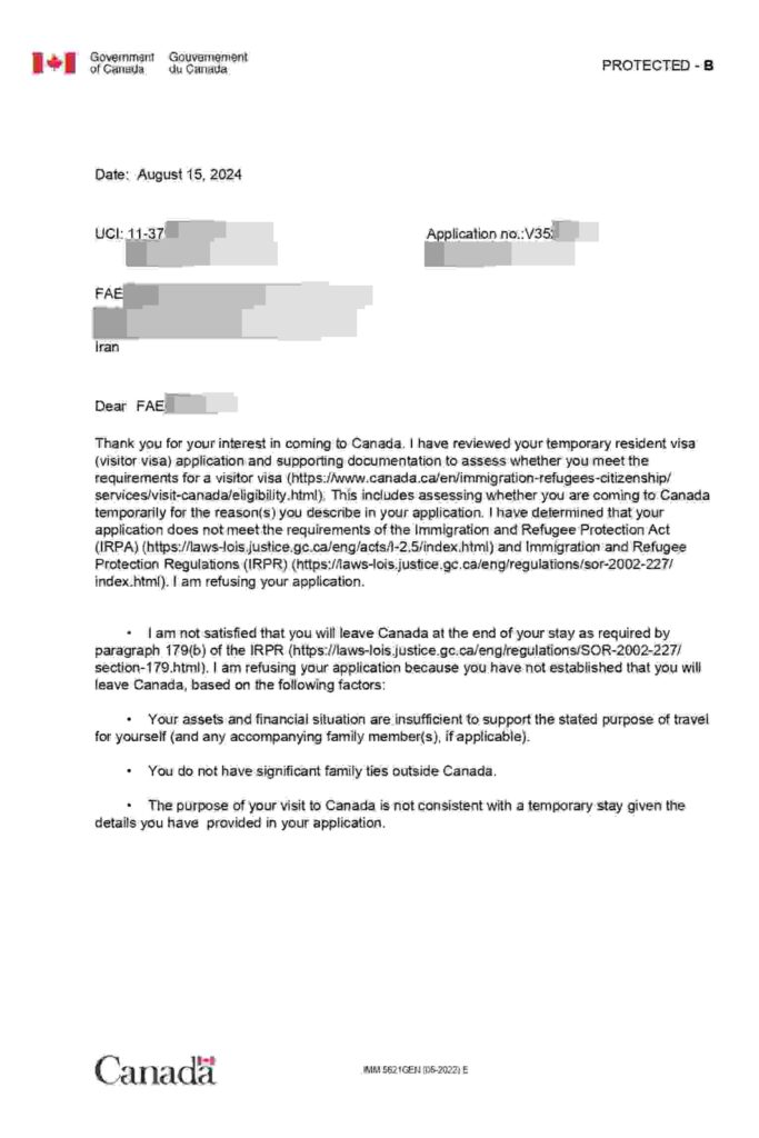 Canada visa refusal letter