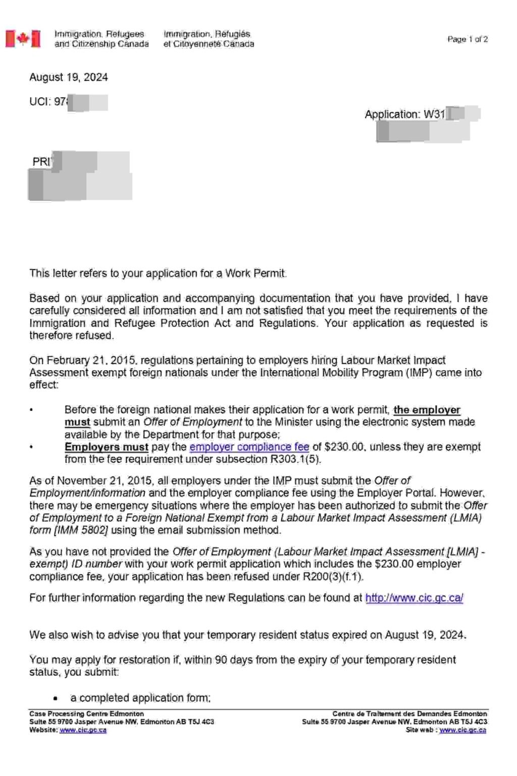 Work Permit Approval Letter | Work permit refusal reasons