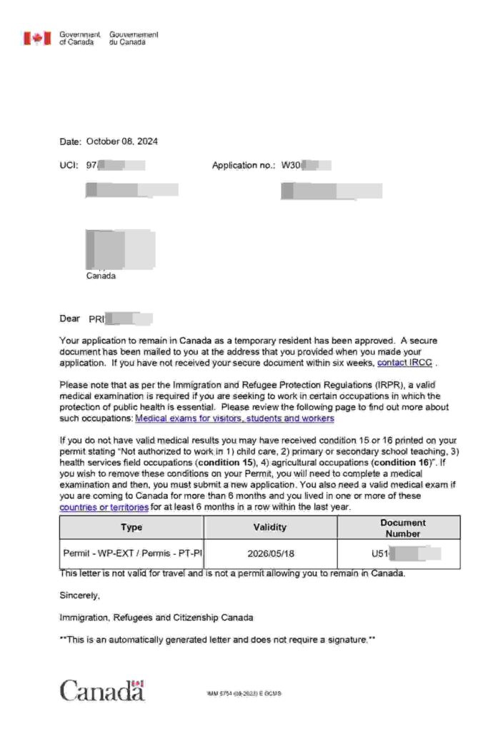 IRCC Work Permit Approval Letter​